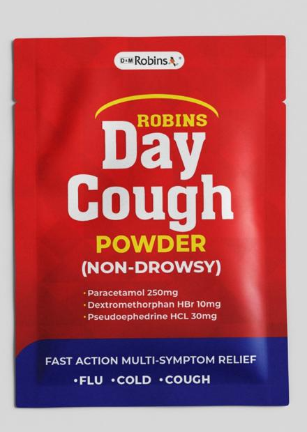 Robins Day Cough Powder pack — Paracetamol 250mg, Dextromethorphan HBr 10mg, Pseudoephedrine HCL 30mg